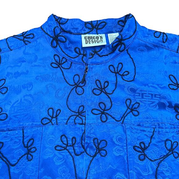 Chicos Womens cobalt blue silk light jacket with black embroidery Size 2 - Picture 3 of 5